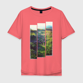 Мужская футболка хлопок Oversize с принтом Тропа с цветами к морю в Екатеринбурге, 100% хлопок | свободный крой, круглый ворот, “спинка” длиннее передней части | море | полевые цветы | природа | розовые цветы | цветы