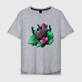 Мужская футболка хлопок Oversize с принтом Котик в растениях в Петрозаводске, 100% хлопок | свободный крой, круглый ворот, “спинка” длиннее передней части | 8 march | 8 марта | cool girl | feminism | flower | girl | woman | в подарок | весна | девочкам | девочке | женские | женщинам | женщине | март | праздник | фем | феминизм | цветочки | цветы