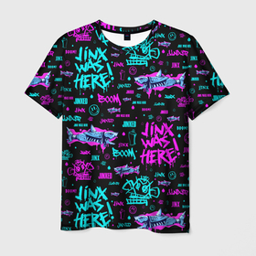 Мужская футболка 3D с принтом ARCANE Jinx pattern neon   Аркейн Джинкс паттерн неон в Санкт-Петербурге, 100% полиэфир | прямой крой, круглый вырез горловины, длина до линии бедер | arcane | game | jinx | kda | league of legends | lol | neon | shark | акула | аркейн | граффити | джинкс | игра | кда | кислотный | лига легенд | лол | неон