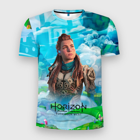 Мужская футболка 3D Slim с принтом Horizon дикий лес в Петрозаводске, 100% полиэстер с улучшенными характеристиками | приталенный силуэт, круглая горловина, широкие плечи, сужается к линии бедра | aloy | horizon | horizon forbidden west | horizon zero dawn | харайзон | хорайзон | элой