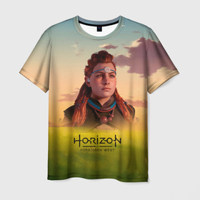 Мужская футболка 3D с принтом Horizon Forbidden West (Aloy) в Петрозаводске, 100% полиэфир | прямой крой, круглый вырез горловины, длина до линии бедер | Тематика изображения на принте: aloy | horizon | horizon forbidden west | horizon zero dawn | харайзон | хорайзон | элой
