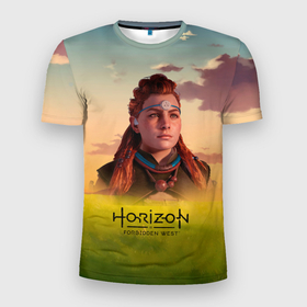 Мужская футболка 3D Slim с принтом Horizon Forbidden West (Aloy) в Екатеринбурге, 100% полиэстер с улучшенными характеристиками | приталенный силуэт, круглая горловина, широкие плечи, сужается к линии бедра | aloy | horizon | horizon forbidden west | horizon zero dawn | харайзон | хорайзон | элой