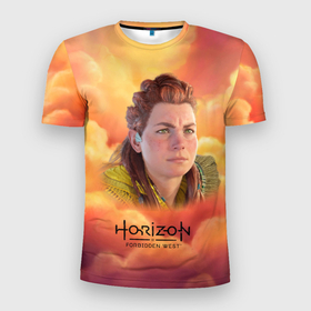 Мужская футболка 3D Slim с принтом Horizon sky в Петрозаводске, 100% полиэстер с улучшенными характеристиками | приталенный силуэт, круглая горловина, широкие плечи, сужается к линии бедра | aloy | horizon | horizon forbidden west | horizon zero dawn | харайзон | хорайзон | элой