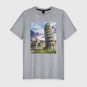 Мужская футболка хлопок Slim с принтом Италия   Пизанская башня , 92% хлопок, 8% лайкра | приталенный силуэт, круглый вырез ворота, длина до линии бедра, короткий рукав | italy | legend | nature | pisa | tower | башня | италия | легенда | пиза | природа