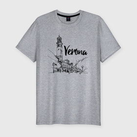 Мужская футболка хлопок Slim с принтом Италия   Верона в Тюмени, 92% хлопок, 8% лайкра | приталенный силуэт, круглый вырез ворота, длина до линии бедра, короткий рукав | Тематика изображения на принте: italy | tower | town | verona | башня | верона | город | италия