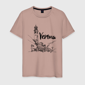 Мужская футболка хлопок с принтом Италия   Верона в Петрозаводске, 100% хлопок | прямой крой, круглый вырез горловины, длина до линии бедер, слегка спущенное плечо. | italy | tower | town | verona | башня | верона | город | италия