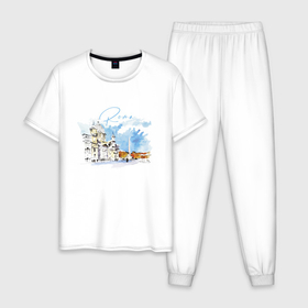 Мужская пижама хлопок с принтом Италия   Рим в Тюмени, 100% хлопок | брюки и футболка прямого кроя, без карманов, на брюках мягкая резинка на поясе и по низу штанин
 | italy | roma | sky | square | town | watercolour | акварель | город | италия | небо | площадь | рим