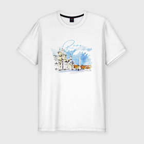 Мужская футболка хлопок Slim с принтом Италия   Рим в Тюмени, 92% хлопок, 8% лайкра | приталенный силуэт, круглый вырез ворота, длина до линии бедра, короткий рукав | Тематика изображения на принте: italy | roma | sky | square | town | watercolour | акварель | город | италия | небо | площадь | рим