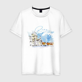Мужская футболка хлопок с принтом Италия   Рим в Курске, 100% хлопок | прямой крой, круглый вырез горловины, длина до линии бедер, слегка спущенное плечо. | italy | roma | sky | square | town | watercolour | акварель | город | италия | небо | площадь | рим