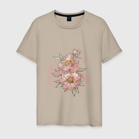 Мужская футболка хлопок с принтом Нежные розовые цветы в Петрозаводске, 100% хлопок | прямой крой, круглый вырез горловины, длина до линии бедер, слегка спущенное плечо. | весенние цветы | весна | летние цветы | лето | пионы | розовые цветы | розовый | цветение | цветы