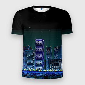 Мужская футболка 3D Slim с принтом Пиксельный ретро город в Петрозаводске, 100% полиэстер с улучшенными характеристиками | приталенный силуэт, круглая горловина, широкие плечи, сужается к линии бедра | pixel | retro | town | город | пиксель | ретро