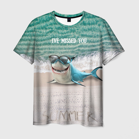 Мужская футболка 3D с принтом Я скучаю   Акула в Новосибирске, 100% полиэфир | прямой крой, круглый вырез горловины, длина до линии бедер | акула | лето | отдых | отпуск | пляж | рыбы