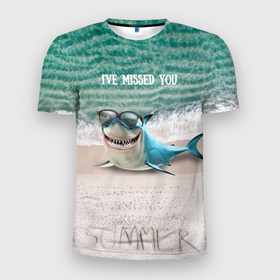 Мужская футболка 3D Slim с принтом Я скучаю   Акула , 100% полиэстер с улучшенными характеристиками | приталенный силуэт, круглая горловина, широкие плечи, сужается к линии бедра | акула | лето | отдых | отпуск | пляж | рыбы