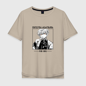 Мужская футболка хлопок Oversize с принтом Зеницу Агацума в квадрате с иероглифами в Санкт-Петербурге, 100% хлопок | свободный крой, круглый ворот, “спинка” длиннее передней части | demon slayer | kimetsu no aiba | zenitsu agatsuma | зеницу агацума | клинок | рассекающий демонов