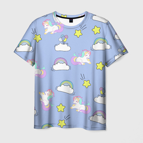 Мужская футболка 3D с принтом Единоржки и облака в Курске, 100% полиэфир | прямой крой, круглый вырез горловины, длина до линии бедер | dabbing unicorn | unicorn | детская | единорог радуга | единорожек | звезда | круги | мило | облака | пижама | подарок | прикольные картинки | радуга | радужный единорог | шарики