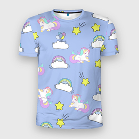 Мужская футболка 3D Slim с принтом Единоржки и облака в Тюмени, 100% полиэстер с улучшенными характеристиками | приталенный силуэт, круглая горловина, широкие плечи, сужается к линии бедра | Тематика изображения на принте: dabbing unicorn | unicorn | детская | единорог радуга | единорожек | звезда | круги | мило | облака | пижама | подарок | прикольные картинки | радуга | радужный единорог | шарики