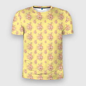 Мужская футболка 3D Slim с принтом Розовые пионы на желтом фоне в Тюмени, 100% полиэстер с улучшенными характеристиками | приталенный силуэт, круглая горловина, широкие плечи, сужается к линии бедра | Тематика изображения на принте: желтый | желтый фон | на желтом | паттерн | пионы | розовый | узор | цветы