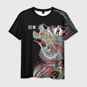 Мужская футболка 3D с принтом ЯПОНСКИЙ ДРАКОН | ЯПОНИЯ в Курске, 100% полиэфир | прямой крой, круглый вырез горловины, длина до линии бедер | Тематика изображения на принте: dragon | japan | дракон | иероглифы | япония | японский дракон