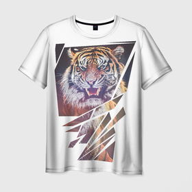 Мужская футболка 3D с принтом Тигр | Арт в Екатеринбурге, 100% полиэфир | прямой крой, круглый вырез горловины, длина до линии бедер | большие кошки | животные | природа | тигр | фауна