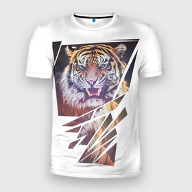 Мужская футболка 3D Slim с принтом Тигр | Арт в Тюмени, 100% полиэстер с улучшенными характеристиками | приталенный силуэт, круглая горловина, широкие плечи, сужается к линии бедра | большие кошки | животные | природа | тигр | фауна