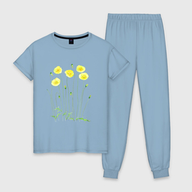 Женская пижама хлопок с принтом Эскиз желтые цветы в Кировске, 100% хлопок | брюки и футболка прямого кроя, без карманов, на брюках мягкая резинка на поясе и по низу штанин | Тематика изображения на принте: иллюстрация | листья | растения | рисунок | цветы