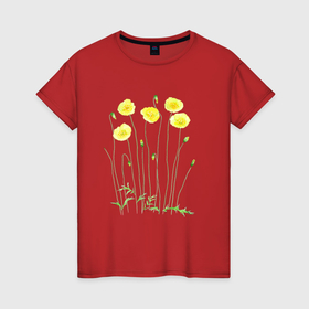 Женская футболка хлопок с принтом Эскиз желтые цветы в Новосибирске, 100% хлопок | прямой крой, круглый вырез горловины, длина до линии бедер, слегка спущенное плечо | иллюстрация | листья | растения | рисунок | цветы