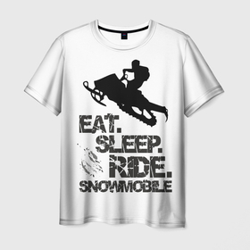 Мужская футболка 3D с принтом EAT SLEEP RIDE SNOWMOBILE в Тюмени, 100% полиэфир | прямой крой, круглый вырез горловины, длина до линии бедер | eat | ride | sleep | snowmobile | снегоход | спорт | экстрим