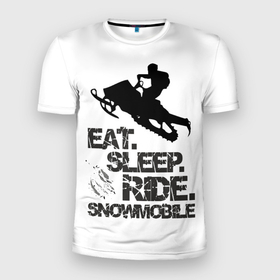 Мужская футболка 3D Slim с принтом EAT SLEEP RIDE SNOWMOBILE в Новосибирске, 100% полиэстер с улучшенными характеристиками | приталенный силуэт, круглая горловина, широкие плечи, сужается к линии бедра | eat | ride | sleep | snowmobile | снегоход | спорт | экстрим