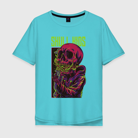 Мужская футболка хлопок Oversize с принтом Скелетон с пламенем во рту в Санкт-Петербурге, 100% хлопок | свободный крой, круглый ворот, “спинка” длиннее передней части | зубы | пальцы | пламя | рамка | скелетон | уличный стиль