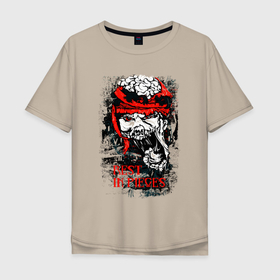Мужская футболка хлопок Oversize с принтом Череп в красной повязке в Петрозаводске, 100% хлопок | свободный крой, круглый ворот, “спинка” длиннее передней части | гранж | мозг | повязка | рот | уличный стиль | череп