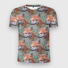Мужская футболка 3D Slim с принтом Лисица паттерн в Курске, 100% полиэстер с улучшенными характеристиками | приталенный силуэт, круглая горловина, широкие плечи, сужается к линии бедра | fox | лиса | лисица | лисичка | лисички | лисы | паттерн