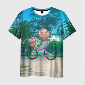 Мужская футболка 3D с принтом Медведь на велосипеде в Курске, 100% полиэфир | прямой крой, круглый вырез горловины, длина до линии бедер | вело | велосипед | медведь | медвежонок | мишка