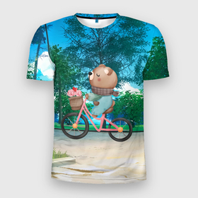 Мужская футболка 3D Slim с принтом Медведь на велосипеде в Екатеринбурге, 100% полиэстер с улучшенными характеристиками | приталенный силуэт, круглая горловина, широкие плечи, сужается к линии бедра | вело | велосипед | медведь | медвежонок | мишка