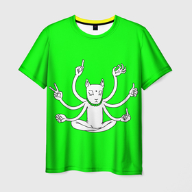 Мужская футболка 3D с принтом Кот йог многорук в Кировске, 100% полиэфир | прямой крой, круглый вырез горловины, длина до линии бедер | йог | йога | киска | кот | котейка | котизм | котик | котэ | кошка | много рук | многорук | шива | ярко зеленый