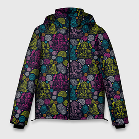 Мужская зимняя куртка 3D с принтом Индийская Медитация в Тюмени, верх — 100% полиэстер; подкладка — 100% полиэстер; утеплитель — 100% полиэстер | длина ниже бедра, свободный силуэт Оверсайз. Есть воротник-стойка, отстегивающийся капюшон и ветрозащитная планка. 

Боковые карманы с листочкой на кнопках и внутренний карман на молнии. | Тематика изображения на принте: chak | mandala | mantra | sri yantra | yantra | yoga | аум | брахма | будда | буддист | веган | вишну | ганеша | гимнастика | индиго | индуизм | инь янь | йога | лотос | мантра | медитация | нирвана | ом | просветление