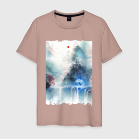 Мужская футболка хлопок с принтом Изумительный японский пейзаж в Новосибирске, 100% хлопок | прямой крой, круглый вырез горловины, длина до линии бедер, слегка спущенное плечо. | doe | japan | lake | nature | pagoda | sakura | sun | tree | waterfall | водопад | дерево | лань | озеро | пагода | природа | сакура | солнце | япония