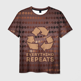 Мужская футболка 3D с принтом Everything repeats в Санкт-Петербурге, 100% полиэфир | прямой крой, круглый вырез горловины, длина до линии бедер | знаки | коричневый | кофе | кофейные зерна | паттерн | узор