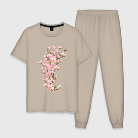 Мужская пижама хлопок с принтом Весна   Цветущая сакура   Japan в Новосибирске, 100% хлопок | брюки и футболка прямого кроя, без карманов, на брюках мягкая резинка на поясе и по низу штанин
 | Тематика изображения на принте: brunch | flower | japan | nature | sakura | spring | весна | ветка | листья | природа | сакура | цветок | япония