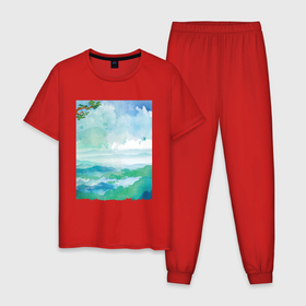 Мужская пижама хлопок с принтом Japan   Pine branch в Екатеринбурге, 100% хлопок | брюки и футболка прямого кроя, без карманов, на брюках мягкая резинка на поясе и по низу штанин
 | branch | clouds | japan | landscape | nature | pine | sky | ветка | небо | облака | пейзаж | природа | сосна | япония