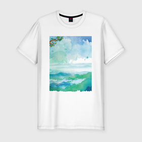 Мужская футболка хлопок Slim с принтом Japan   Pine branch в Екатеринбурге, 92% хлопок, 8% лайкра | приталенный силуэт, круглый вырез ворота, длина до линии бедра, короткий рукав | branch | clouds | japan | landscape | nature | pine | sky | ветка | небо | облака | пейзаж | природа | сосна | япония