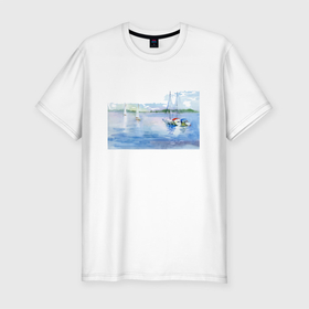 Мужская футболка хлопок Slim с принтом Россия   Озеро в Белгороде, 92% хлопок, 8% лайкра | приталенный силуэт, круглый вырез ворота, длина до линии бедра, короткий рукав | clouds | forest | lake | nature | russia | sky | water | yacht | вода | лес | небо | облака | озеро | природа | россия | яхта