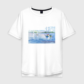 Мужская футболка хлопок Oversize с принтом Россия   Озеро в Санкт-Петербурге, 100% хлопок | свободный крой, круглый ворот, “спинка” длиннее передней части | Тематика изображения на принте: clouds | forest | lake | nature | russia | sky | water | yacht | вода | лес | небо | облака | озеро | природа | россия | яхта