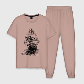 Мужская пижама хлопок с принтом Pacific ocean   Frigate в Екатеринбурге, 100% хлопок | брюки и футболка прямого кроя, без карманов, на брюках мягкая резинка на поясе и по низу штанин
 | Тематика изображения на принте: element | frigate | mast | ocean | sail | ship | корабль | мачта | море | океан | парус | стихия | фрегат