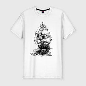 Мужская футболка хлопок Slim с принтом Pacific ocean   Frigate , 92% хлопок, 8% лайкра | приталенный силуэт, круглый вырез ворота, длина до линии бедра, короткий рукав | element | frigate | mast | ocean | sail | ship | корабль | мачта | море | океан | парус | стихия | фрегат