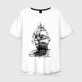 Мужская футболка хлопок Oversize с принтом Pacific ocean   Frigate в Екатеринбурге, 100% хлопок | свободный крой, круглый ворот, “спинка” длиннее передней части | element | frigate | mast | ocean | sail | ship | корабль | мачта | море | океан | парус | стихия | фрегат