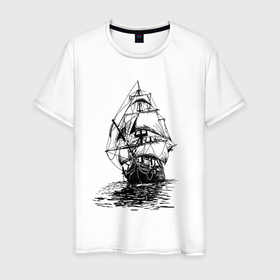 Мужская футболка хлопок с принтом Pacific ocean   Frigate в Екатеринбурге, 100% хлопок | прямой крой, круглый вырез горловины, длина до линии бедер, слегка спущенное плечо. | element | frigate | mast | ocean | sail | ship | корабль | мачта | море | океан | парус | стихия | фрегат