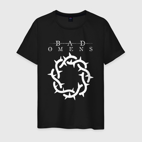 Мужская футболка хлопок с принтом Bad Omens logo , 100% хлопок | прямой крой, круглый вырез горловины, длина до линии бедер, слегка спущенное плечо. | bad omens | band | logo | metalcore | noah sebastian | rock | группа | лого | рок
