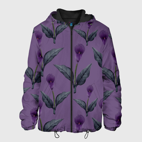 Мужская куртка 3D с принтом Фиолетовые каллы с зелеными листьями в Новосибирске, ткань верха — 100% полиэстер, подклад — флис | прямой крой, подол и капюшон оформлены резинкой с фиксаторами, два кармана без застежек по бокам, один большой потайной карман на груди. Карман на груди застегивается на липучку | 8 марта | calla lilies | flowers | leaves | nature | plants | весна | зеленый | каллы | лето | листья | паттерн | праздник | природа | растения | фиолетовый | флора | цветы