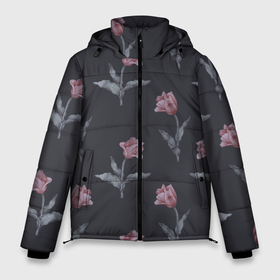 Мужская зимняя куртка 3D с принтом Красные тюльпаны на темном фоне в Тюмени, верх — 100% полиэстер; подкладка — 100% полиэстер; утеплитель — 100% полиэстер | длина ниже бедра, свободный силуэт Оверсайз. Есть воротник-стойка, отстегивающийся капюшон и ветрозащитная планка. 

Боковые карманы с листочкой на кнопках и внутренний карман на молнии. | Тематика изображения на принте: 8 марта | buds | flowers | leaves | nature | tulips | бутоны | весна | зеленый | красный | лето | листья | любовь | паттерн | праздник | природа | растения | тюльпаны | флора | цветы | черный