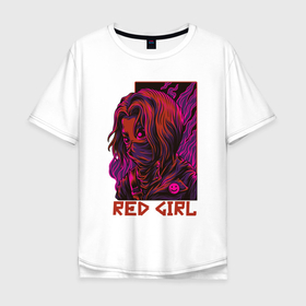 Мужская футболка хлопок Oversize с принтом Красная девушка в маске в Тюмени, 100% хлопок | свободный крой, круглый ворот, “спинка” длиннее передней части | Тематика изображения на принте: волосы | девушка | маска | пламя | смайлик | уличный стиль